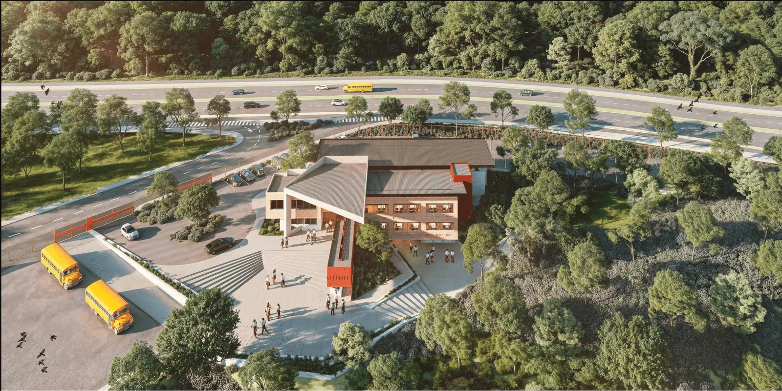 Vista aérea del nuevo edificio High School dentro del campus de la Fundación Liceo Inglés